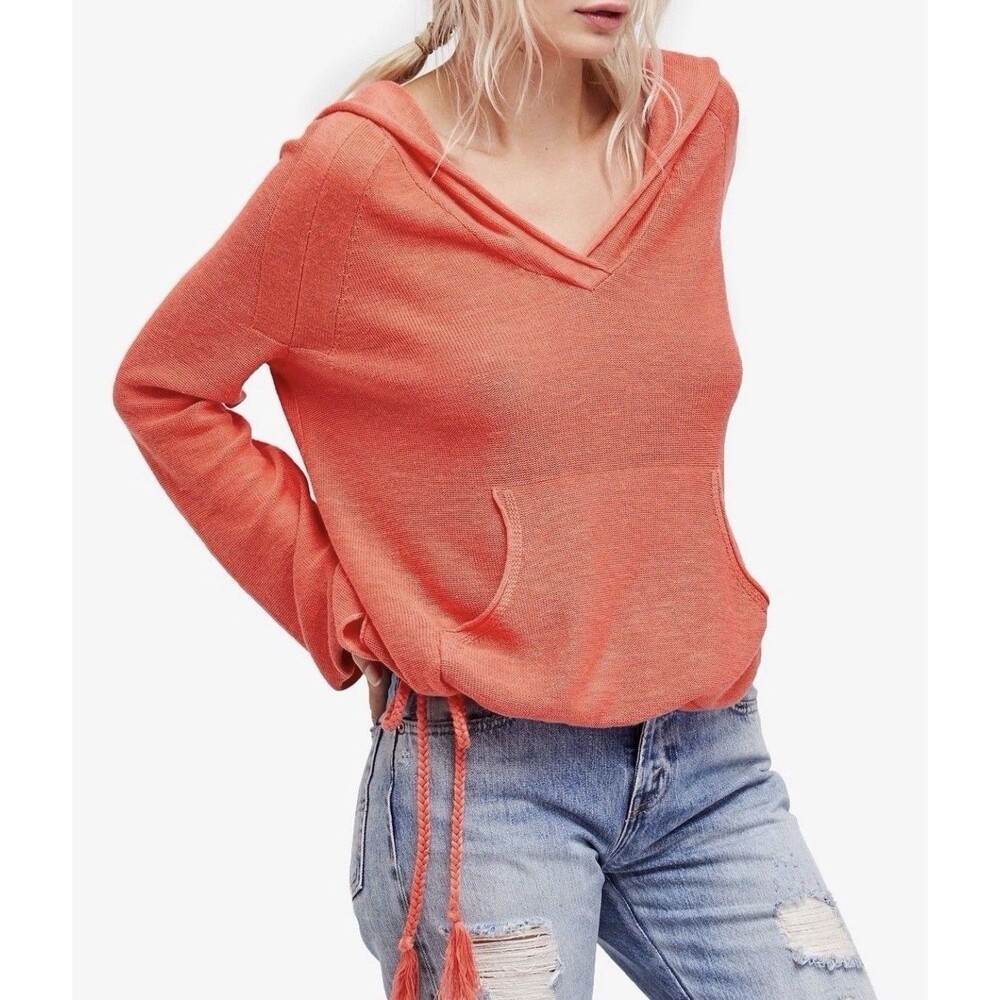 Free People Optimistic Linen Blend Hoodie Pullover Sweater Coral Orange Small.